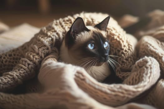 A siamese cat with striking blue eyes is nestled among soft, knitted blankets, creating a warm and inviting indoor atmosphere. the cat gazes attentively to the side, capturing a serene moment of tranquility.