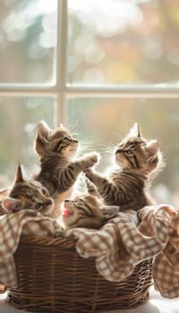 Fluffy kittens playfully tumble in a basket adorned with soft blankets, basking in sunlight streaming through a window. the lively, adorable scene kittens' charm and the warmth of natural light.