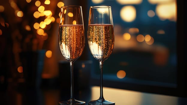 Two elegant champagne flutes sparkle with bubbles, positioned to celebrate as a warm sunset casts a golden hue through the window, creating a festive atmosphere.