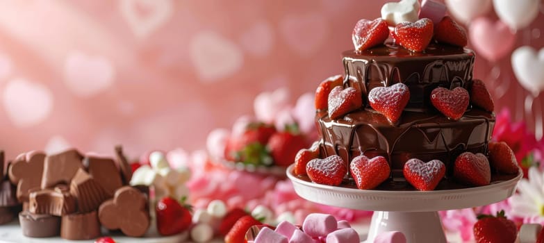 A decadent chocolate fountain adorned with fresh strawberries, marshmallows, and heart-shaped cookies on a tiered stand. ideal for creating a romantic ambiance during a valentine's day celebration or special event.