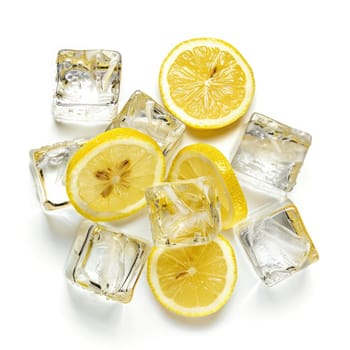 Lemon slices are beautifully arranged alongside ice cubes, creating a vibrant composition perfect for a refreshing beverage. The clean background enhances the colors.
