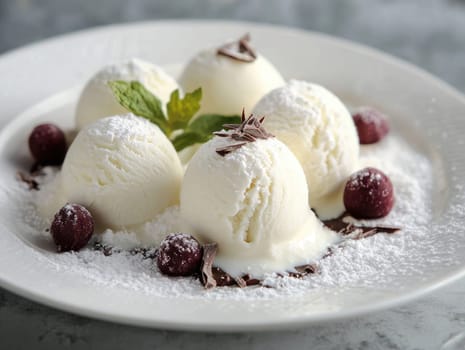 A tempting dessert features scoops of vanilla ice cream arranged elegantly on a plate, accented with mint leaves, chocolate curls, and fresh cherries, enjoyed during a warm day.