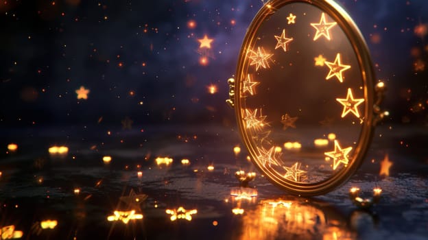 A photorealistic mirror reflects a path of glowing stars, symbolizing achievements and milestones enhancing reputation. the soft, vibrant lighting adds a dreamlike ambiance to this ethereal scene, ideal for inspiring designs.