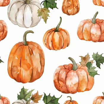 Watercolor illustrations of various pumpkins in orange and white, surrounded by green leaves on a soft light backdrop.