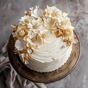 A beautifully crafted cake topped with delicate white floral decorations, showcasing an elegant design suitable for weddings and festive gatherings.