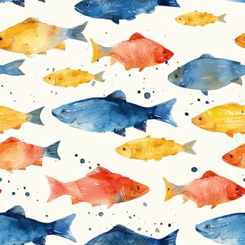 A variety of fish in vibrant colors including blue, red, and yellow move gracefully against a light backdrop.