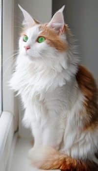 A detailed portrait showcasing a green-eyed turkish van cat sitting by a window, with soft natural light illuminating its distinctive white and auburn fur. the serene atmosphere highlights the cat's elegant features.