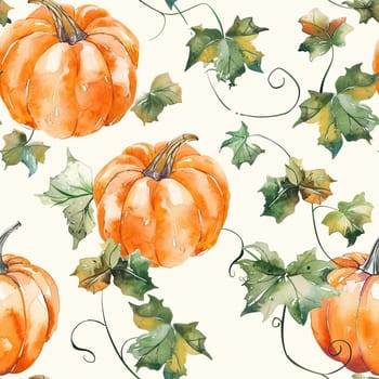Colorful pumpkins intertwined with green vines create a vibrant autumn pattern against a soft background.