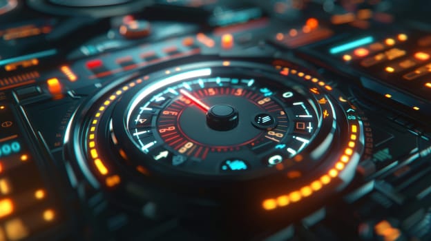 A photorealistic digital fuel gauge displayed on a touchscreen, with the needle moving towards full. this represents a business team's motivation and progress as they reach major milestones, technological advancement.