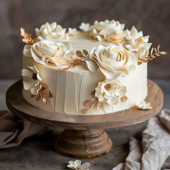 A beautifully crafted white cake adorned with delicate golden roses and flowers sits elegantly on a wooden cake stand, capturing the soft ambiance of its surroundings.