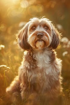 Petit basset griffon vendéen sitting with a joyful expression in a sunlit grassy field. warm sunlight highlights the dog's textured coat and cheerful demeanor, capturing the essence of spring and nature's tranquility.