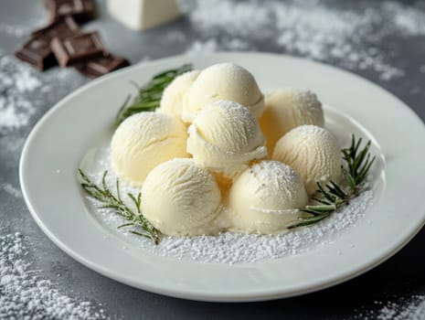 A plate showcases several scoops of vanilla ice cream, delicately dusted with powdered sugar, surrounded by fresh herbs, creating an elegant dessert presentation.