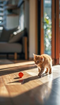 Energetic ginger tabby kitten exuberantly chases a toy mouse across a polished wooden floor. sunlight streams through large windows, the kitten's playful spirit in a stylish, modern living space.