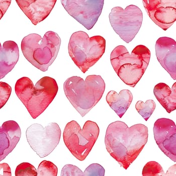 A vibrant arrangement of watercolor hearts in multiple sizes and shades of pink and red, creating a cheerful and romantic pattern on a clean white background.