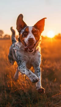Australian cattle dog with a lively expression runs joyfully across a farm field at sunset. the warm glow highlights the dog's muscular build and vibrant coat, exemplifying energy, freedom, and rural beauty.