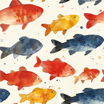 A variety of vibrant fish in different colors swim harmoniously on a light backdrop, creating a cheerful and colorful pattern.
