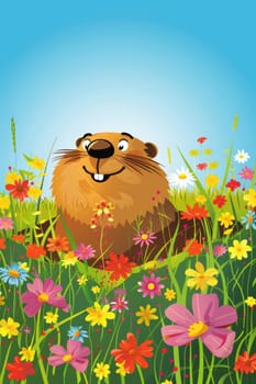 A delightful groundhog day card featuring a smiling groundhog surrounded by colorful wildflowers under a bright blue sky. the vibrant scene offers ample space for text, making it perfect for festive greetings.