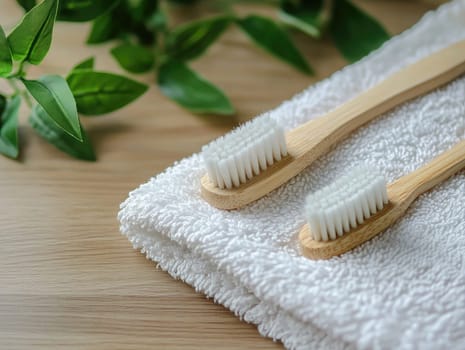 Two bamboo toothbrushes rest on a fluffy white towel, accompanied by fresh green leaves, highlighting sustainable and eco-friendly dental hygiene practices.