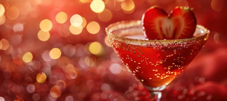 A luxurious valentine's day cocktail, featuring a heart-shaped strawberry garnish and a sugar-rimmed glass. rich red and gold tones create an elegant backdrop, perfect for romantic celebrations and festive occasions.