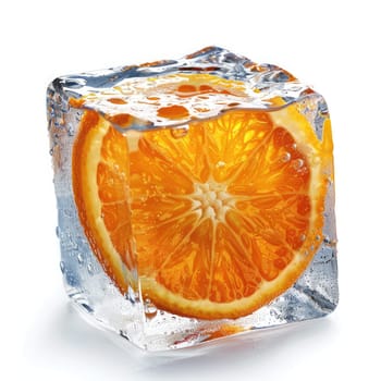 This striking visual features a refreshing orange slice perfectly preserved within a clear ice cube, emphasizing the fruit's vibrant hue and details, ideal for summer drinks.