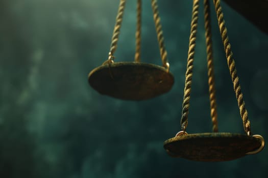 Scales poised on a tightrope symbolize the delicate balance of decision-making in business. featuring high-detail photorealism, dramatic lighting, and vibrant textures, ideal for art or poster design.