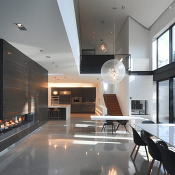 This elegant living area features a minimalist design with an open layout, a cozy fireplace, large windows, and a chic dining table. Sunlight floods the space, enhancing the modern aesthetic.