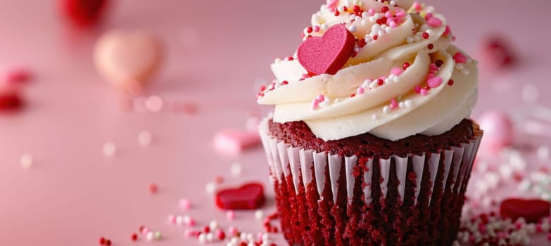 Red velvet cupcake topped with cream cheese frosting and heart-shaped sprinkles on a pink background. perfect for valentine's day promotions and bakery advertisements, blending sweetness and romance in one delicious treat.