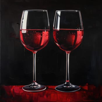 Two wine glasses brimming with rich red liquid sit against a dark background, highlighting the clarity and effervescence of the wine. The glasses reflect light gracefully.