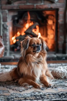 Tibetan spaniel with a long, silky coat sits on a plush rug in front of a brick fireplace, exuding warmth and coziness. soft lighting enhances its gentle expression, creating a serene, homey atmosphere.