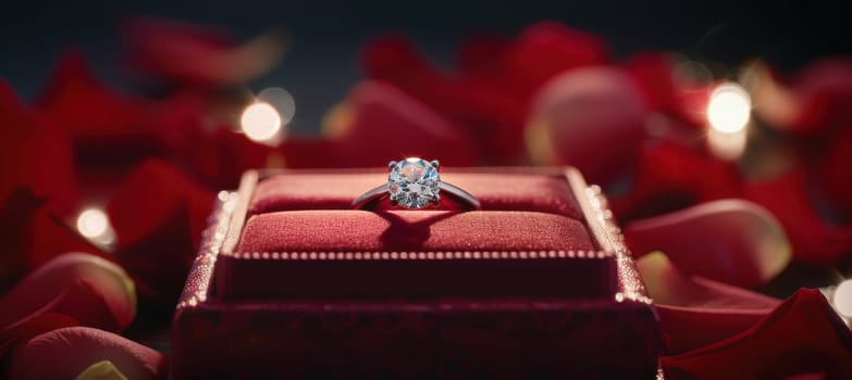 Luxurious valentine's day scene featuring a diamond ring in a velvet jewelry box, surrounded by delicate rose petals. soft, romantic lighting enhances the opulent atmosphere, perfect for gift and romance themes.