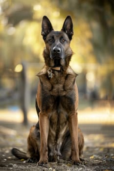 A belgian malinois sits attentively in a training field, showcasing its athletic build and focused expression. the powerful stance is accentuated by strong natural lighting, providing an authoritative presence.