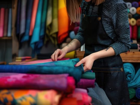 The textile artist is focused on arranging various vibrant fabric rolls in her workshop. The bright colors create an inviting atmosphere as she organizes her workspace.