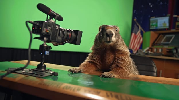 A groundhog is positioned at a news desk in front of a green screen, creating a humorous weather report scene. this playful image is ideal for media projects centered around groundhog day.
