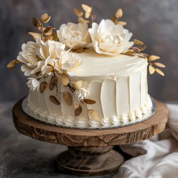 A beautifully crafted cake sits on a rustic wooden stand, embellished with delicate floral designs and golden leaves, suitable for special occasions or dessert tables.