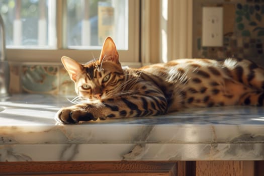 Striking bengal cat with a distinctive spotted coat lounging on a marble countertop, bathed in sunlight in a stylish modern kitchen setting. the scene cat's exotic beauty and the kitchen's sleek design.