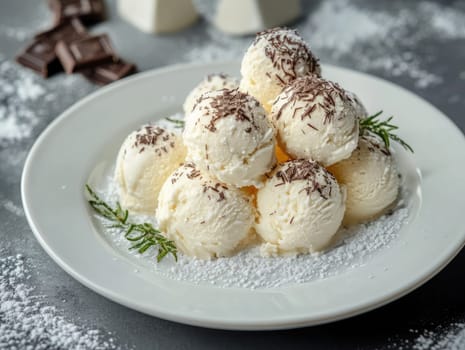 A delectable arrangement of vanilla ice cream scoops is beautifully presented on a plate, garnished with chocolate shavings and served in a charming atmosphere.