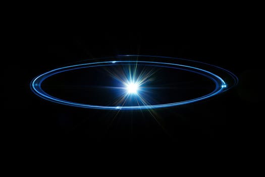 beautiful blue lens flare effect overlay texture with bokeh effect and anamorphic light streak in front of a black background..