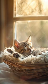 A serene kitten snoozes peacefully, nestled in a cozy basket by a sunlit window. the room's warm glow enhances the tranquil atmosphere, ideal for showcasing pet relaxation and comfort in design or advertising.