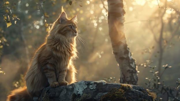 Norwegian forest cat elegantly perched on a mossy rock amidst a misty forest. sunlight filters through the trees, casting a golden glow on its thick fur, creating a serene, ethereal atmosphere in a peaceful woodland setting.