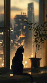 A sleek black cat sits quietly on a windowsill, illuminated by the soft glow of evening city lights. the calm ambiance, enhanced by a nearby plant and tall skyscrapers in the background, creates a serene urban retreat.