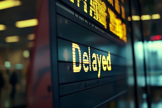 An airport departure board displays multiple flights labeled as Delayed, indicating widespread disruptions, possibly due to an airline strike or technical problems with the aircraft..