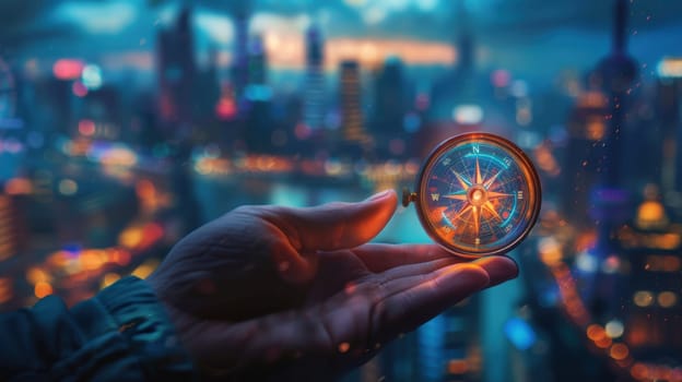 A hand holds a glowing compass with a vibrant cityscape in the background. symbolizes leadership and guidance in the corporate world. rich, photorealistic details highlight the contrast between the compass and city lights.