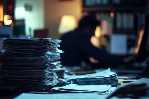 a desk looking overwhemed with piles of papers on desk in office background..