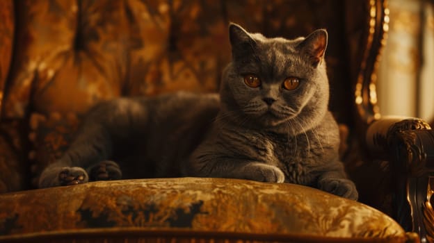British shorthair cat lounging on an ornately patterned armchair in a softly lit room. the cat's dense fur and amber eyes highlight the room's luxurious atmosphere, ideal for lifestyle and pet-themed designs.