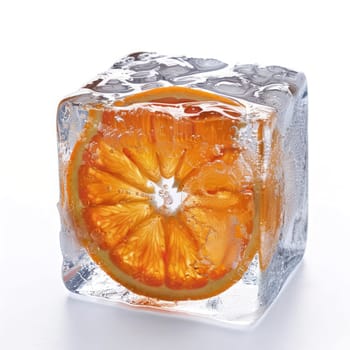 A bright orange slice is embedded in a square of clear ice, glistening with condensation and reflecting light, ideal for enhancing beverages.