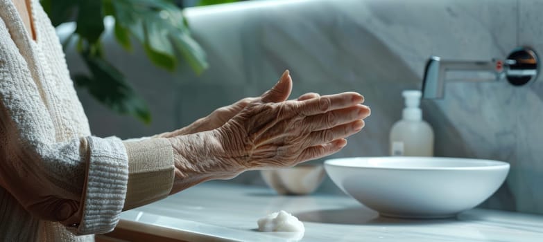 Senior woman's hands applying arthritis relief gel at a modern bathroom counter, sleek product packaging. the clean and minimalist setting emphasizes comfort and self-care routines.