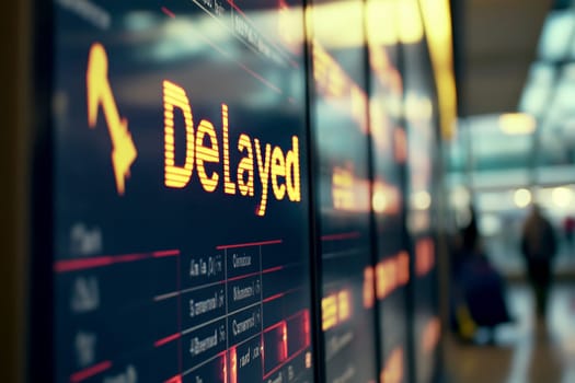 An airport departure board displays multiple flights labeled as Delayed, indicating widespread disruptions, possibly due to an airline strike or technical problems with the aircraft..