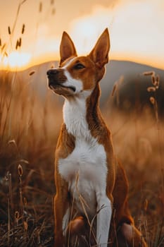 Basenji dog stands proudly in a sunlit field, its smooth coat and pointed ears highlighted by the golden sunset. the scene breed's grace and elegance, set against a warm, natural background.