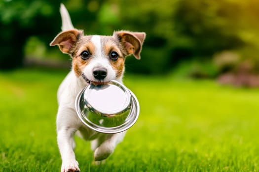 Jack Russell terrier dog sitting by empty metal food bowl on grass field background..