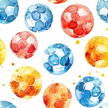 A collection of vibrant watercolor soccer balls in various colors, evenly scattered on a bright white background.
